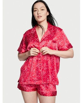 Pijama Short de Satén Rojo con Corazones