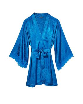 Bata Estilo Kimono de Satén Azul